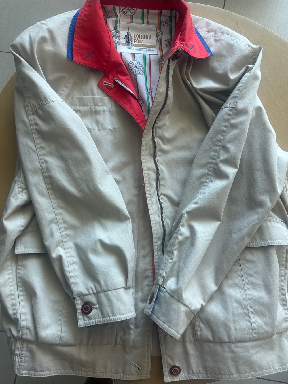 London Fog Beige Jacket with Red and Blue Trim